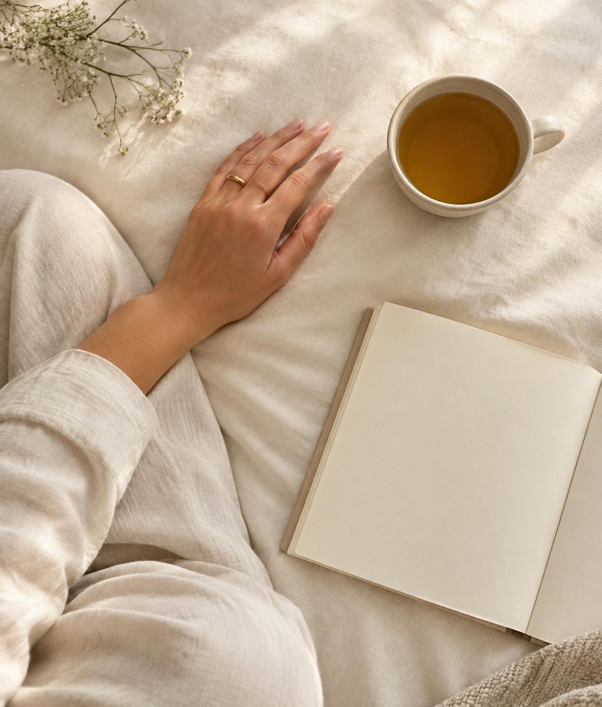 An overhead scene of ivory linen, a cup of herbal tea, an open notebook and dried flowers