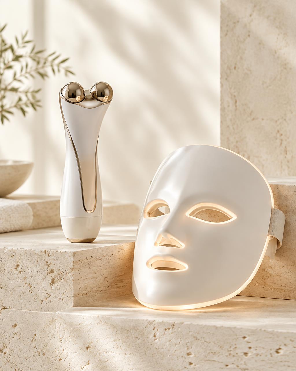 A white and gold handheld facial device beside an LED light therapy face mask on travertine