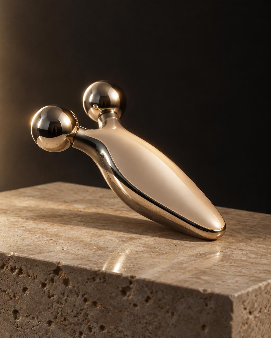 A chrome handheld microcurrent beauty device resting on polished stone