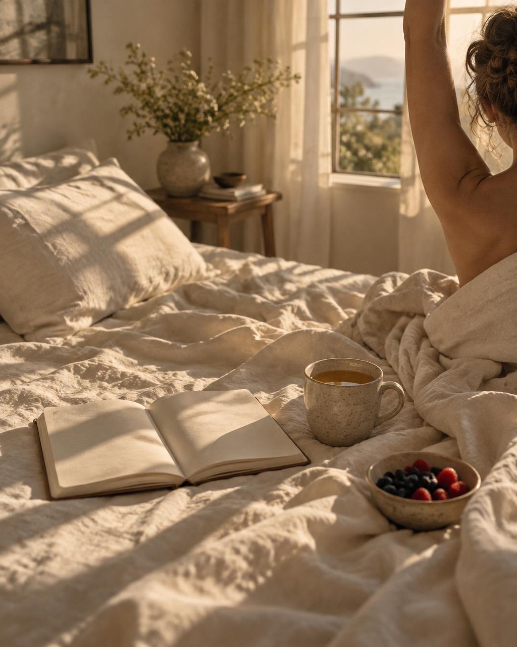 Morning light across linen bedding with an open notebook and a cup of tea