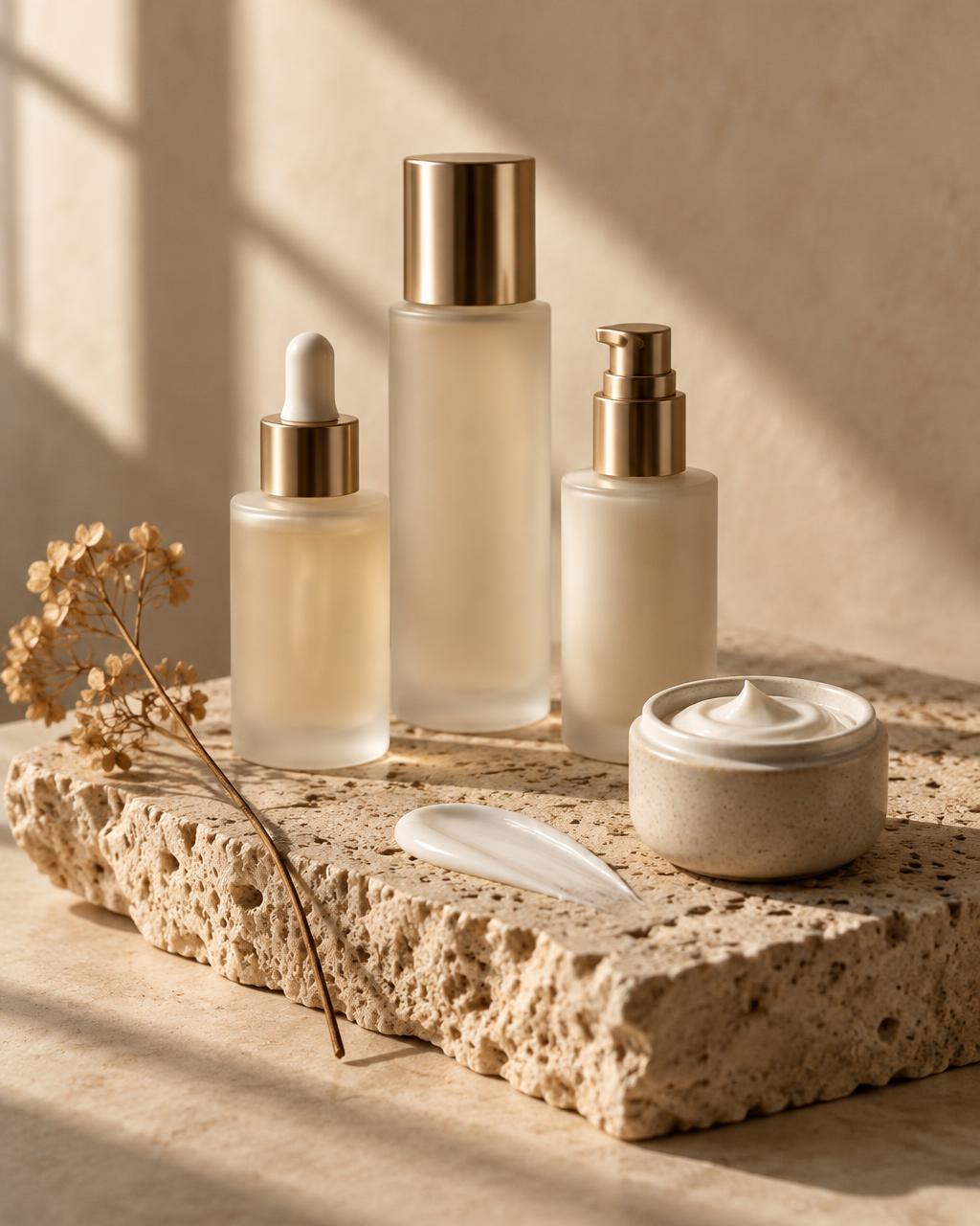 Unlabelled frosted glass skincare bottles and a ceramic jar of cream on travertine stone