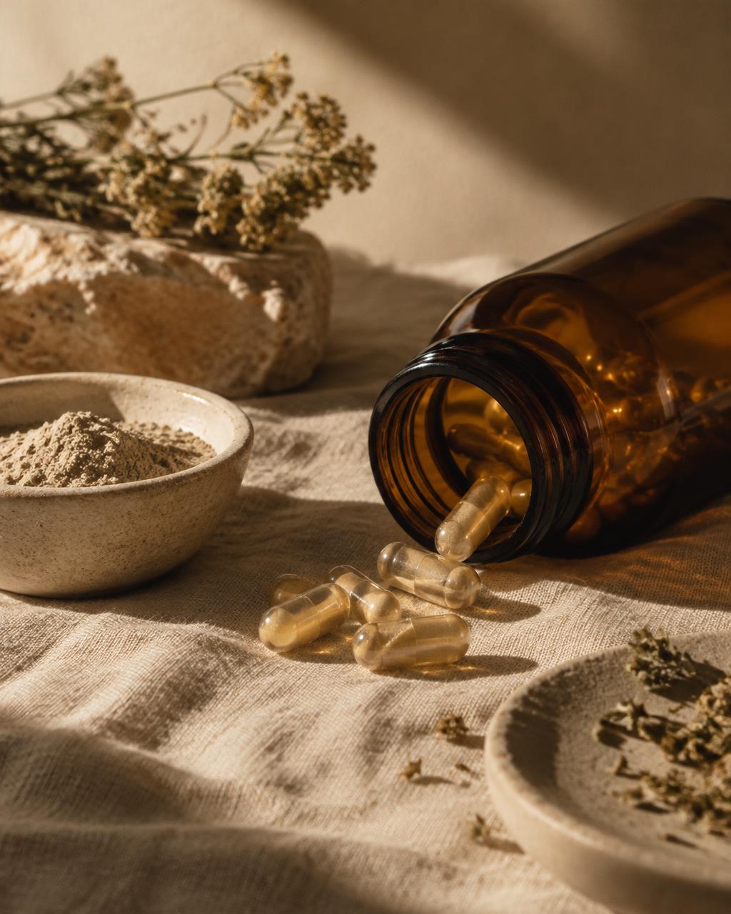 An amber supplement bottle on linen with pale capsules and dried herbs