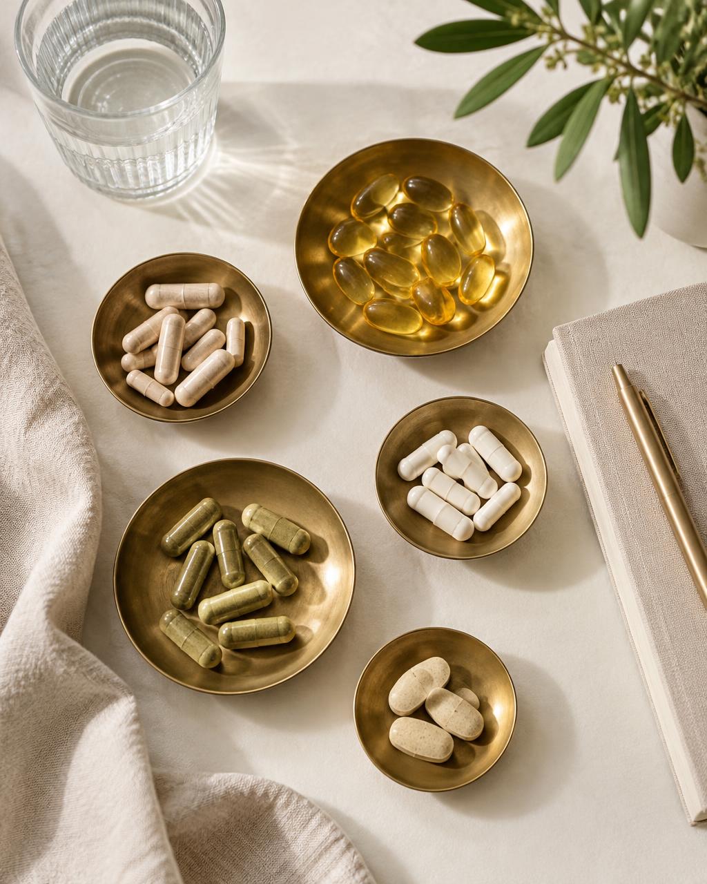 Assorted supplement capsules and softgels in small brass dishes beside a notebook