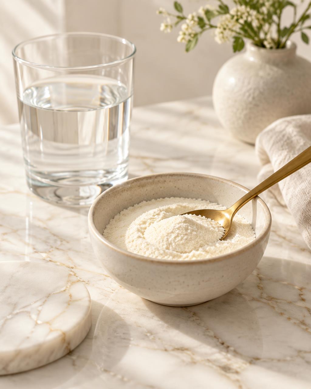 Collagen powder in a ceramic bowl with a gold spoon beside a glass of water on cream marble