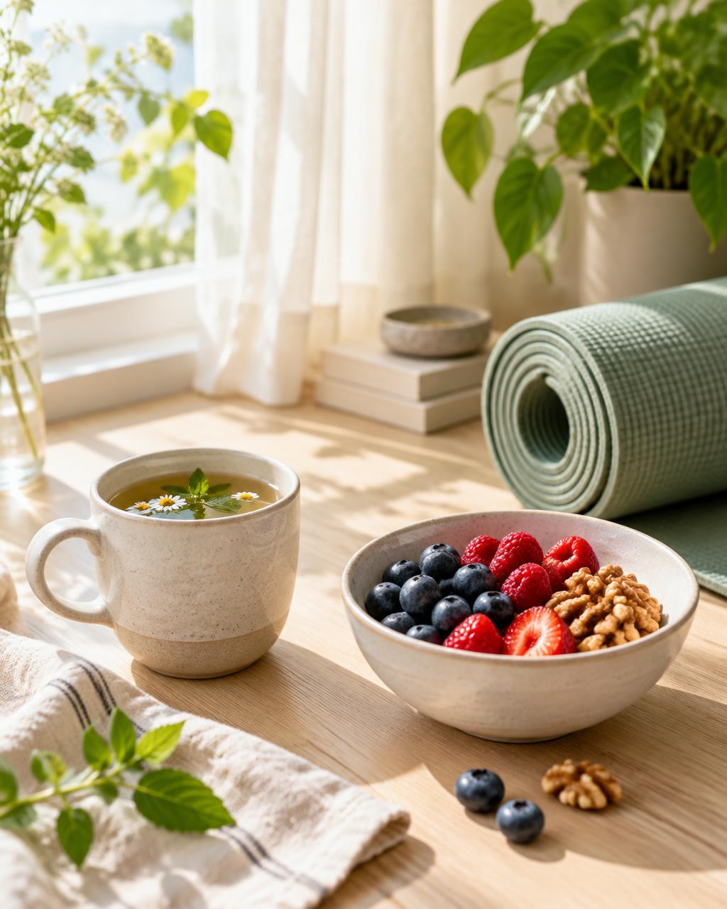 Herbal tea, a bowl of berries and walnuts and a rolled yoga mat by a sunlit window