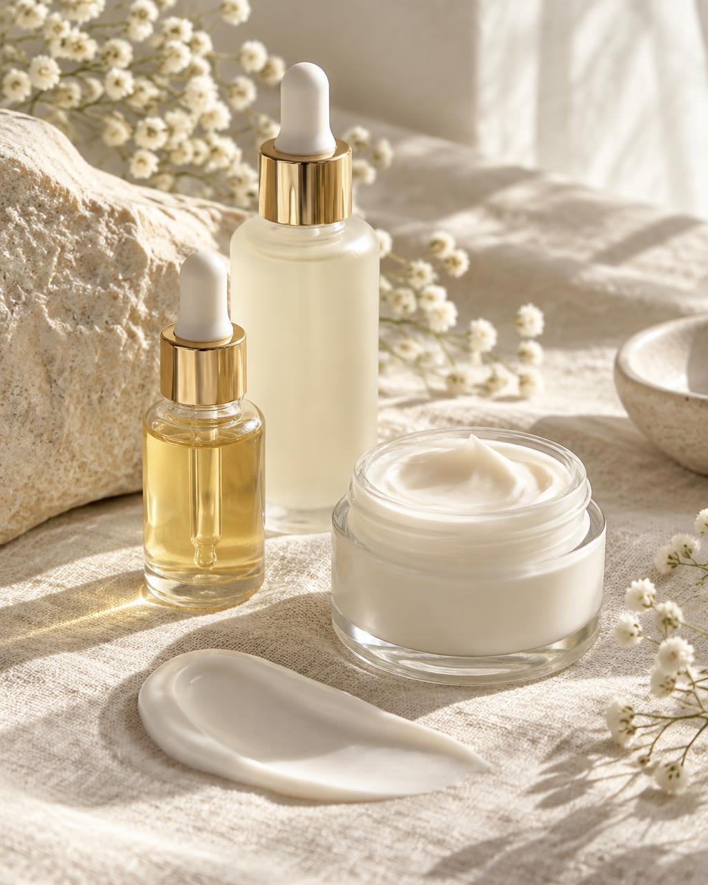 Serum dropper bottles and an open jar of cream on ivory linen in soft daylight